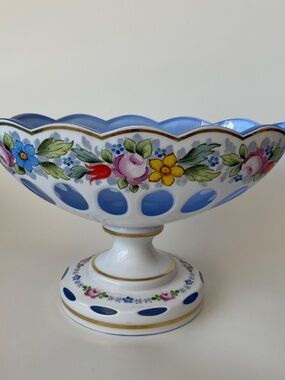 Vintage Moser Glass Oval Bowl: Cut-to-Clear, White with Blue Overlay